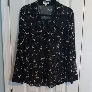 Express Black Button-Down Shirt with Cream Bird Print